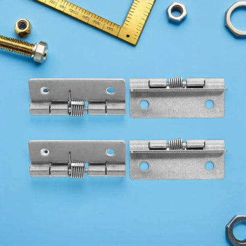 Hardcore Stainless Steel Self Closing Hinges Rock Solid Spring Loaded Door Hardware shown with hardware tools against blue background.
