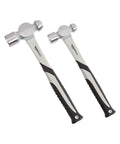 Two ball pein hammers from Five Piece Hammer Set With Shock Absorbing Fiberglass Handles, Forged Alloy Steel Heads, Non Slip Grips.