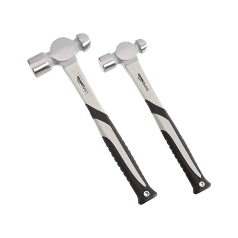 Two ball pein hammers from Five Piece Hammer Set With Shock Absorbing Fiberglass Handles, Forged Alloy Steel Heads, Non Slip Grips.