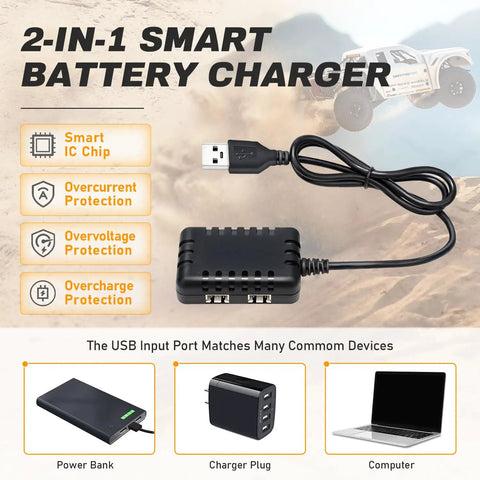 2-in-1 smart battery charger with USB plug for Power Up Your RC Ride With 7.4V 1200mAh LiPo Battery 2S 35C Burst 70C PH2.0 JST