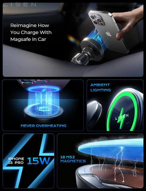15W MagSafe Car Mount Charger With Magnetic Wireless Phone Holder For iPhone 17 Pro Max showing charging features and design