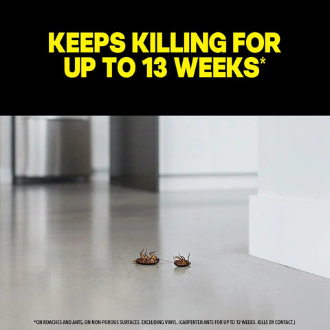 Two dead cockroaches on floor with text 'Keeps Killing For Up To 13 Weeks', related to Ant And Roach Killer Spray For Home Use Fragrance Free Kills On Contact Insects Including Ants Cockroaches Spiders Waterbugs Palmetto Bugs 17.5 Oz Bottles 2 Count Fast Acting Household Pest Control.