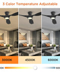 3 color temperature settings of 52 Inch Ceiling Fan With LED Light And Remote Control, Flush Mount Low Profile Black Finish