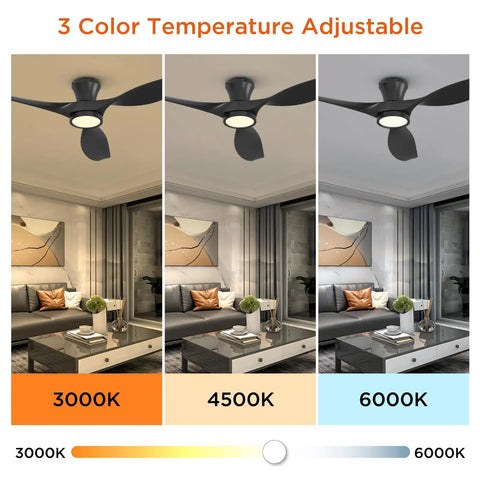 3 color temperature settings of 52 Inch Ceiling Fan With LED Light And Remote Control, Flush Mount Low Profile Black Finish