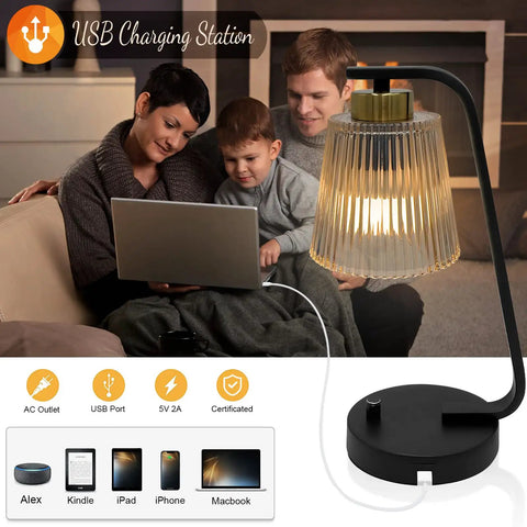 Family using laptop with Amber Glass Bedside Lamps Set of 2 For Bedroom With USB Port, Dimmable Nightstand Lights nearby