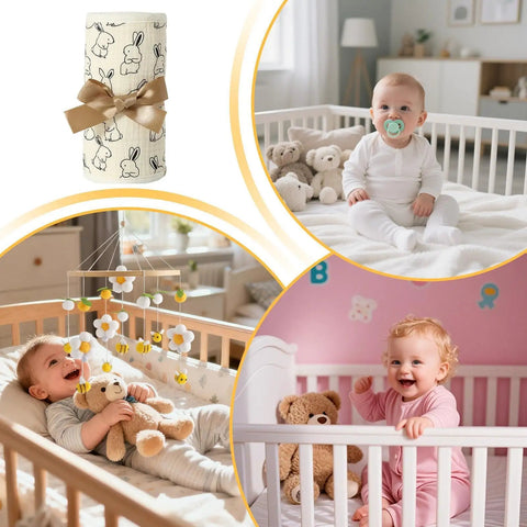 Breathable Cotton Gauze Bed Rail Teething Protector For Baby Crib Sides in nursery settings with babies and toys