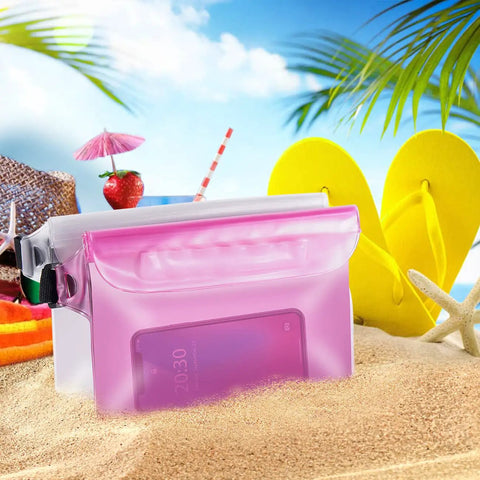 Waterproof Fanny Pack For Women With Sandproof Dry Bag Pouch For Phone And Passport Floating Beach Bag on sand with flip-flops