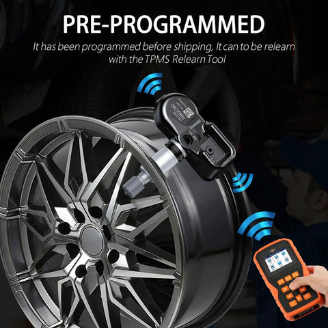 Ford TPMS Sensors 4 Pack Pre Programmed Tire Pressure Monitoring System For F150 F250 F350 F450 F550 Escape Fusion Lincoln MKX MKC 2009 2019 Plug And Play Ready To Install mounted on alloy wheel