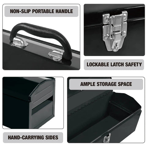 19 Inch Portable Steel Tool Box With Hip Roof Design, heavy metal latch, non-slip handle, removable storage tray, black detail