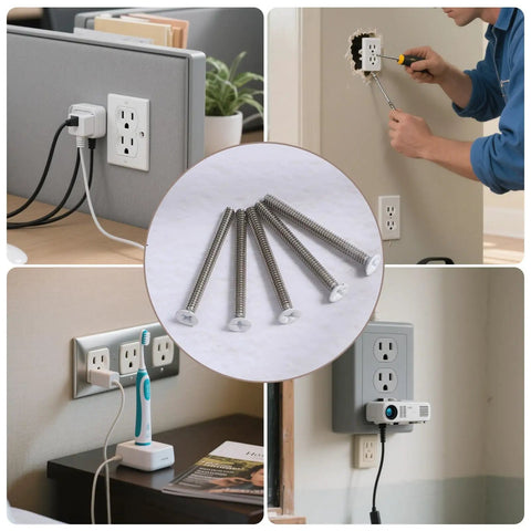 Forty Pack Super Long Outlet Screws Two Inch Flat Head White Painted Stainless Steel Machine Threads For Electric Box Hardware Quick Fix with screws installed.