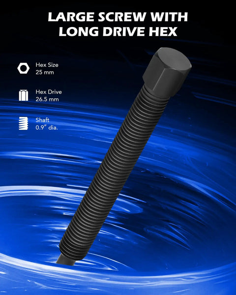 Large screw with long drive hex, 25 mm hex size, 26.5 mm hex drive, 0.9" shaft, ideal for heavy duty applications.