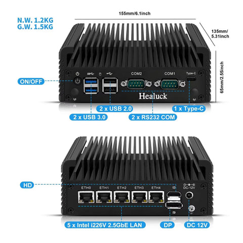 Hella Quiet Firewall Appliance Mini Pc With Intel J6413 Processor And Completely Fanless Build rear view with Ethernet and USB ports.