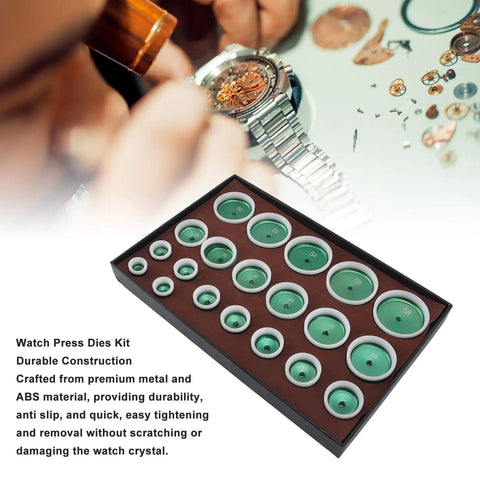 Watch Press Die Set 20 Pcs Kit showing green metal and ABS dies from 20 to 58mm, visible in box with watch repair backdrop.