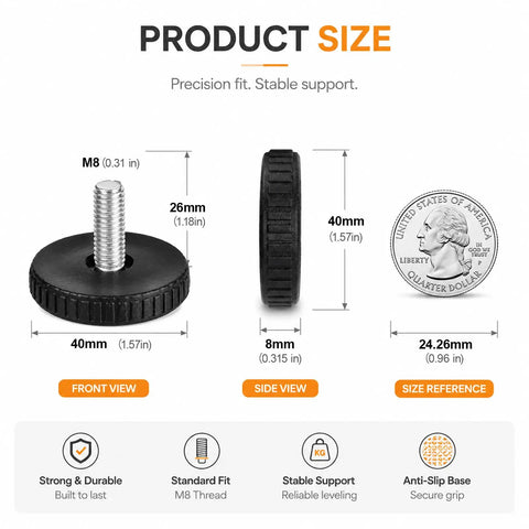 Heavy Duty Adjustable Furniture Levelers 12 Pack With Durable Rubber Anti Slip Bottoms displayed with size reference and dimensions.