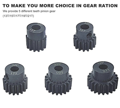 Beefy 32P 5mm Hardened Metal Pinion Gear Set With 3.175mm Coupler For RC Buggy And Monster Truck Includes 13T 15T 17T 19T 21T Gears