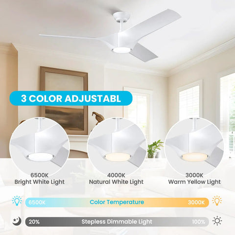56 Inch Ceiling Fan With Lights Remote Control Dimmable LED Light Reversible DC Motor Indoor Outdoor White Ceiling Fan For Patio Bedroom And Living Room shown dimmable colors.