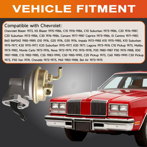 Mechanical Fuel Pump Replacement For GM Small Block 350 327 383 400 Engines Swap In For Chevrolet GMC Buick Cars And Trucks Fits Blazer C10 Suburban El Camino Impala And More, shown beside Chevrolet vehicle listing for compatibility.
