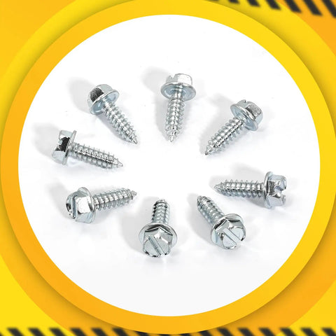 Upgraded 100 Pcs License Plate Screws Set With Rustproof Finish Slotted Hex Head Bolts arranged in a circle, close-up view