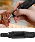Mini Cordless Electric Drill 12V 13W Rotary Tool For Wood Carving And Hobby Projects Portable And Lightweight With Durable Build Perfect For Jade Bone Eggshell Kernel Plastic And Auto Components Polishing Engraving And Detailing, used on a small wood carving