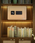 Heavy Duty Home Safe Box With Biometric Lock And Electronic Digital Safe, Rugged Solid Steel Construction, installed in bookshelf.