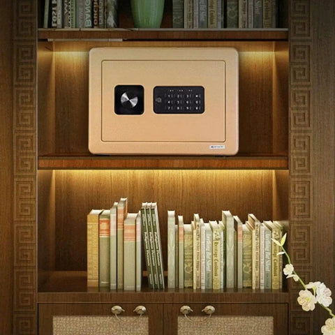 Heavy Duty Home Safe Box With Biometric Lock And Electronic Digital Safe, Rugged Solid Steel Construction, installed in bookshelf.
