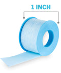 Front view of Nexcare medical tape roll, blue fabric, 1 inch wide, strong yet pain-free for sensitive skin
