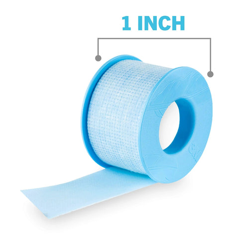 Front view of Nexcare medical tape roll, blue fabric, 1 inch wide, strong yet pain-free for sensitive skin