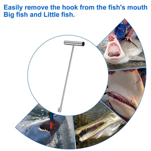 Stainless Steel Hook Remover And Dehooker Tool For Saltwater Fishin 17 Inch Push Pull Dehooker With Anti Lost Design Shark Hook Remover Durable T Handle Easy Safe Extraction For Anglers, stainless steel hook remover shown with shark fishing use