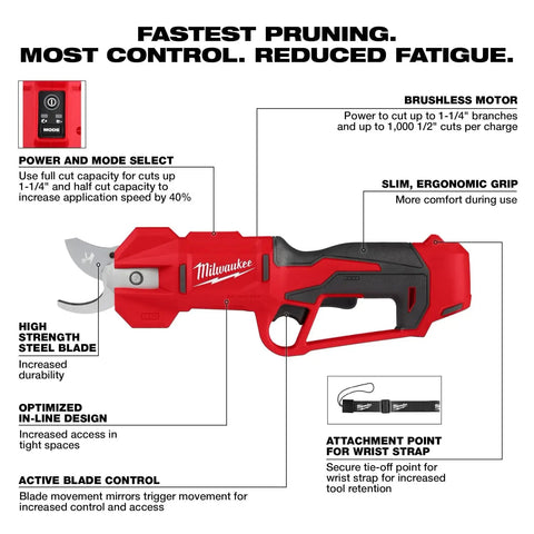 Diagram of M12 Brushless Pruning Shears Cordless Power For Quick Yard Pruning, Lightweight And Ergonomic Grip, features highlighted.