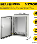 Rugged Outdoor Electrical Enclosure Box 16x12x6 Inches Carbon Steel With Hinged Cover IP66 Waterproof and Dustproof Junction Box Includes Mounting Plate for Weatherproof Industrial and DIY Projects open view with dimensions