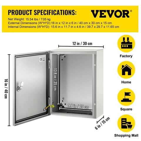 Rugged Outdoor Electrical Enclosure Box 16x12x6 Inches Carbon Steel With Hinged Cover IP66 Waterproof and Dustproof Junction Box Includes Mounting Plate for Weatherproof Industrial and DIY Projects open view with dimensions