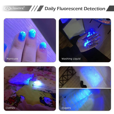 Image showing 365Nm UV Flashlight Beast Power Black Light in action for detecting fluorescent materials in manicure and everyday items.