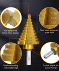 Front view: Amazon Step drill bit set, titanium-coated HSS, 5-piece with laser-engraved scale 1/16–1-3/8, two-flute design, tri-flat shank