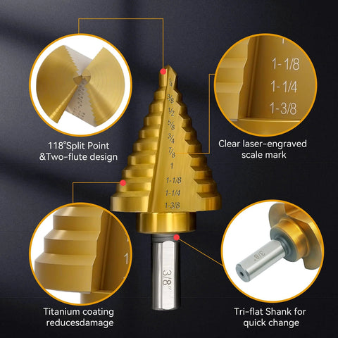 Front view: Amazon Step drill bit set, titanium-coated HSS, 5-piece with laser-engraved scale 1/16–1-3/8, two-flute design, tri-flat shank
