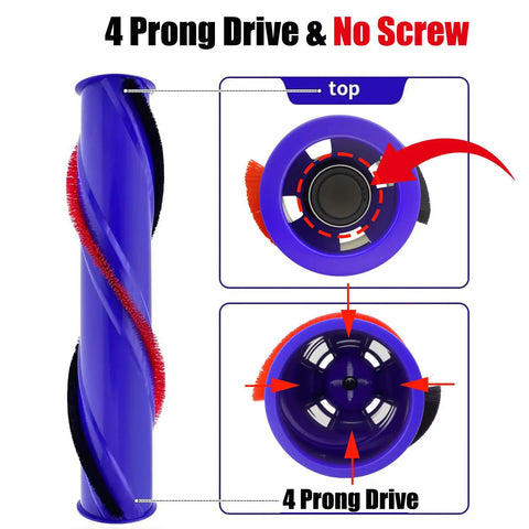 Roller Brush Replacement For Dyson V6 And Older V7 Cordless Vacuum, 4 Prong Drive No Screw, 4.5cm Diameter, product features shown