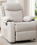 Compact Manual Recliner For Small Spaces With Adjustable Backrest, Cup Holders, Side Pockets, Perfect Nursery And Living Room Chair In Beige