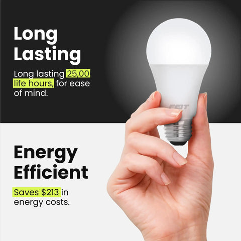 Hand holding A19 LED Light Bulb 60W Equivalent Dimmable 800 Lumens 3000K Warm White E26 Medium Base UL Listed Damp Rated 4 Pack
