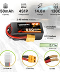 4S 650mAh LiPo Battery 14.8V 130C With XT60 Plug for RC models, dimensions, XT60 plug, JST-XHR-5P connector details