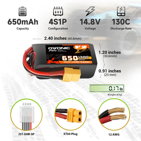 4S 650mAh LiPo Battery 14.8V 130C With XT60 Plug for RC models, dimensions, XT60 plug, JST-XHR-5P connector details