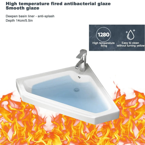 No Sweat Modern Wall Mount Bathroom Sink With Floating Vanity Cabinet And Bright Silver Faucet, Super Solid Space Saving Corner Basin, Snag This Fresh Minimalist Apartment Upgrade Today, 14cm deep ceramic basin with silver faucet.