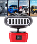 Cordless Battery Space Heater For Garage Jobsite 200 Watt Portable Warmer With Dual Usb Charging 360 Degree Swivel view from back showing heating vents and base.