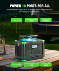 Go To Portable Power Station 1000W Continuous Power 2000W Peak 999Wh Solar Generator on a table with labeled ports
