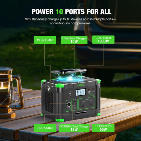 Go To Portable Power Station 1000W Continuous Power 2000W Peak 999Wh Solar Generator on a table with labeled ports