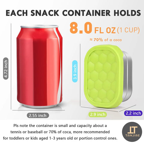 4-Pack 8oz Stainless Steel Snack Containers For Kids With Leak-Proof Silicone Lids next to a soda can for size comparison