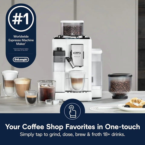 One Touch Automatic Espresso Machine With Integrated Grinder And Smart Milk Frother In Sleek White Delivers Eighteen Shop Quality Shots That Truly Hit Different Every Day on kitchen countertop.