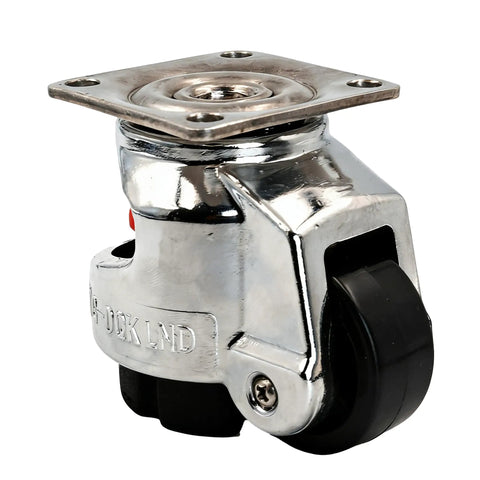 Rock Solid Stainless Steel Leveling Casters With Heavy Duty Polyamide Wheels Set Of Four For Lab Benches And Cnc Machines Offering Tough As Nails Rust Resistance And Smooth Two And A Half Inch Swiveling Action close-up of a single swivel caster with shiny chrome finish.