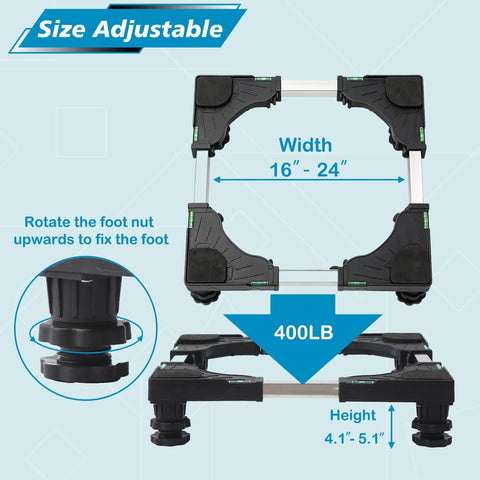 Adjustable Universal Mobile Base Dolly with Four Double Wheel Casters for Mini Fridges, 16 to 24 inches wide, 400 lb capacity.