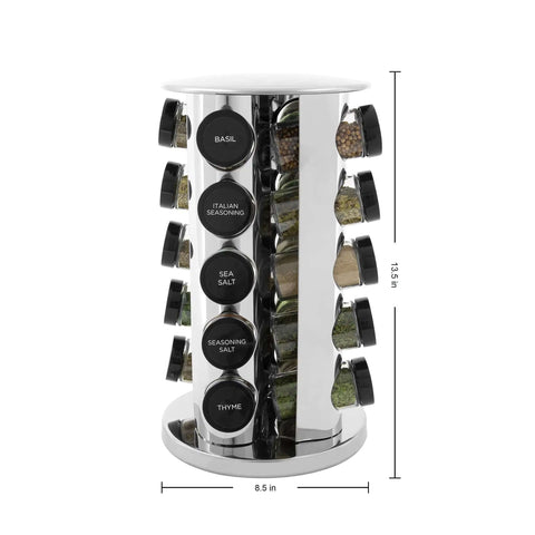 20 Jar Revolving Countertop Spice Rack With Pre Filled Glass Jars And Removable Sifter And Labeled Black Caps, stainless steel