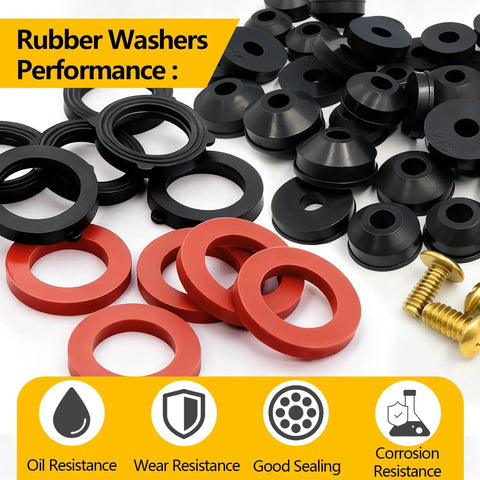 160 Piece Hose Bib Washer and Faucet Washer Kit with 14 sizes, includes black and red rubber washers, brass bibb screws