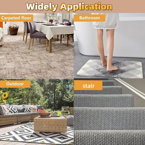 Image showing varied uses for Non Slip Rug Grippers With Strong Adhesive Double Sided Tape For Area Rugs in different environments.